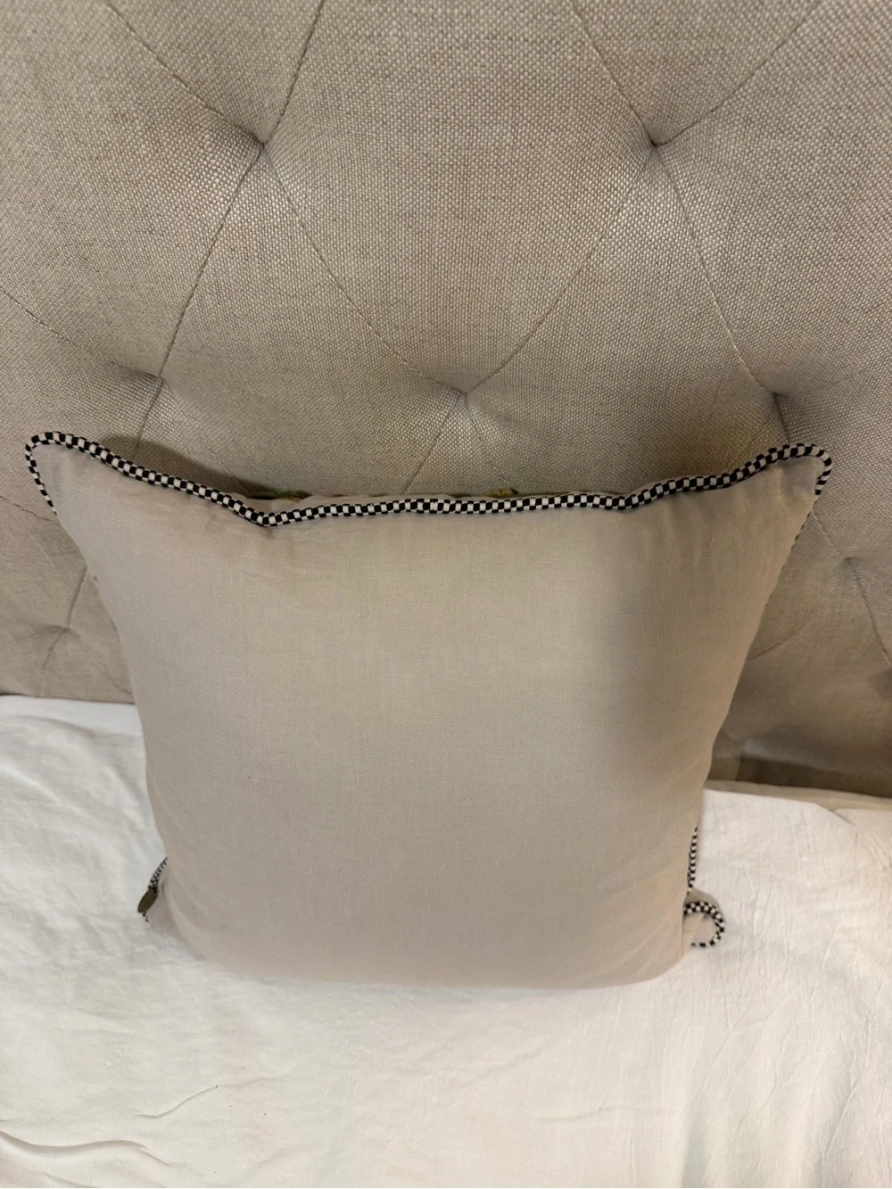 Mackenzie-Childs Brass Oval Logo Tag on Textured Fabric Pillow